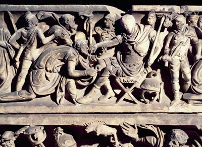 Relief from a sarcophagus depicting the submission of a barbarian to a Roman general by Roman